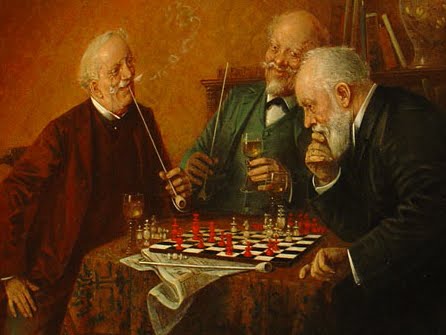 Tres caballeros jugando al ajedrez (y fumando), leo de Hans Lassen